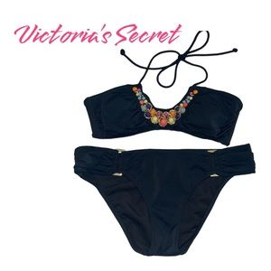 Victoria’s Secret Swimsuit Black Beaded Neckline (XS Top and S Bottom)